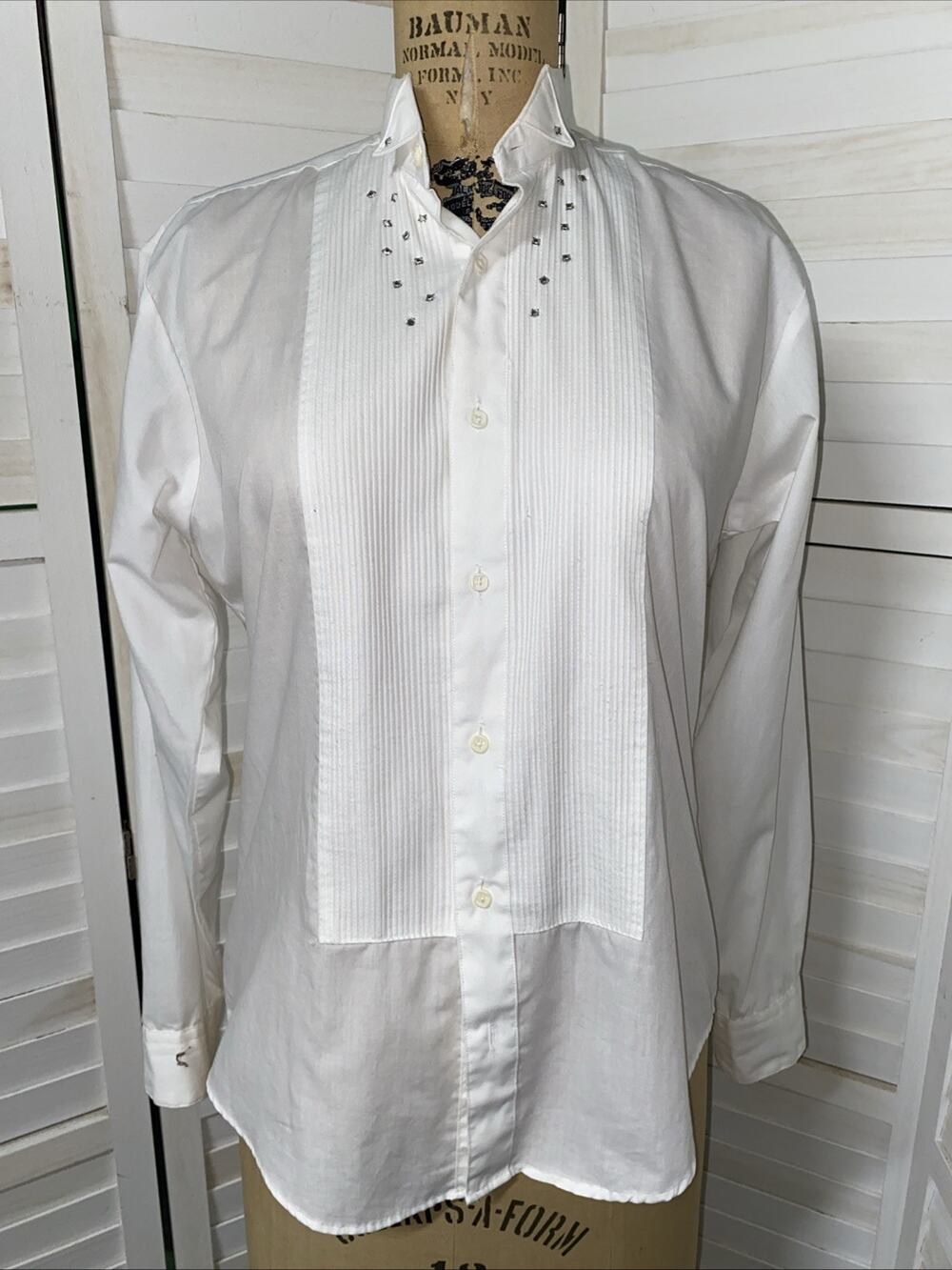 80s Fashion Gear White Tuxedo Shirt Pleated Front Long Sleeve Rhinestone Small